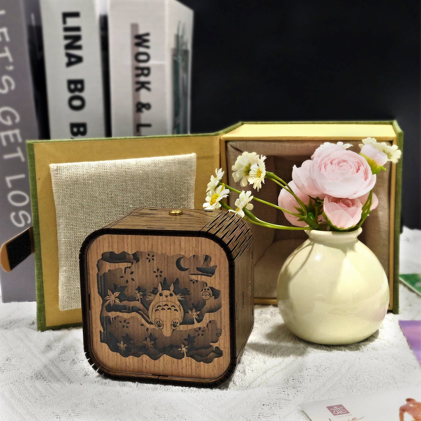 Fathers Day Custom Totoro Wooden Handmade Music Box 3D Night Light Music Box Gift Personalized Anime Ghibli Music Box Anniversary gift