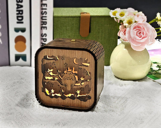 Fathers Day Custom Totoro Wooden Handmade Music Box 3D Night Light Music Box Gift Personalized Anime Ghibli Music Box Anniversary gift
