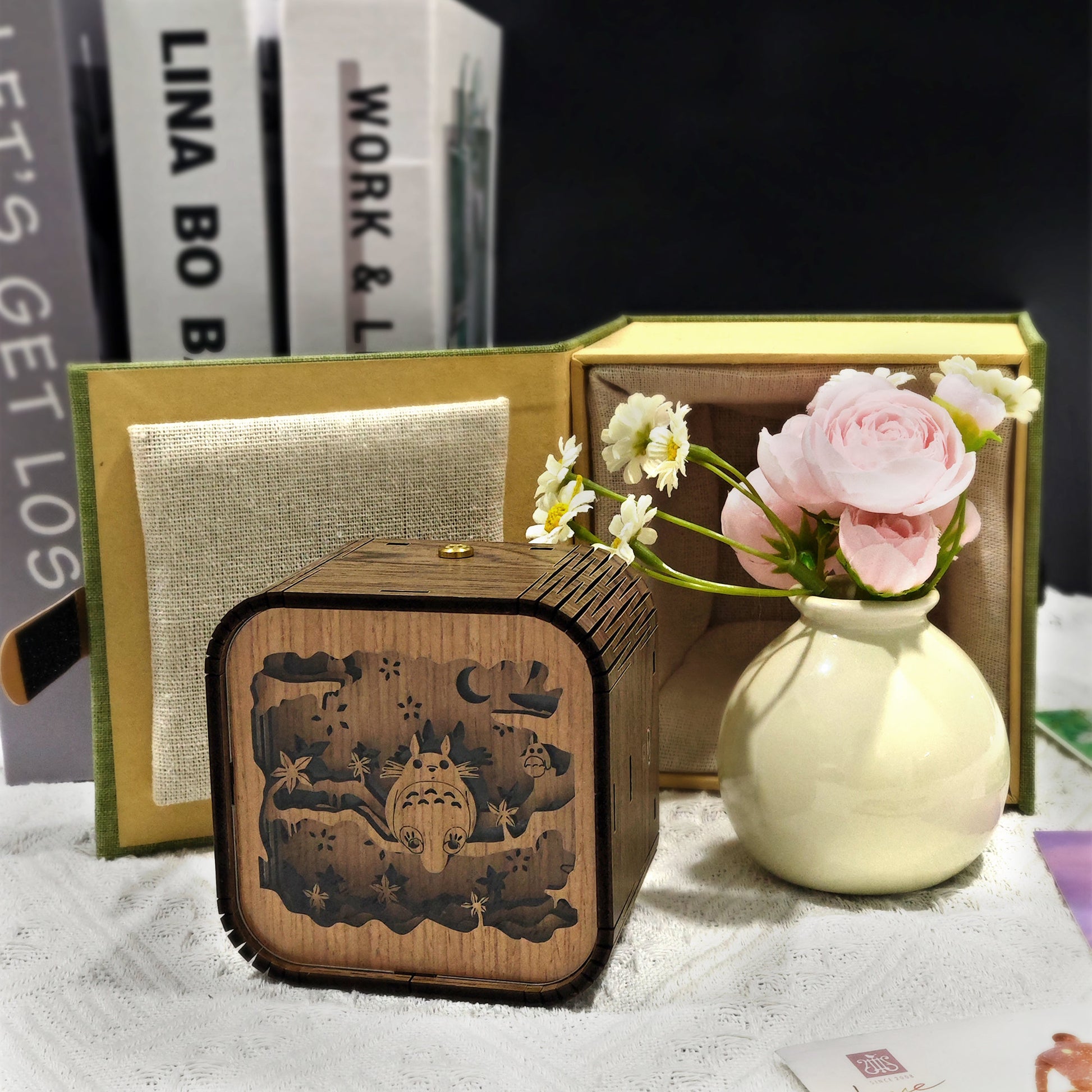 Fathers Day Custom Totoro Wooden Handmade Music Box 3D Night Light Music Box Gift Personalized Anime Ghibli Music Box Anniversary gift